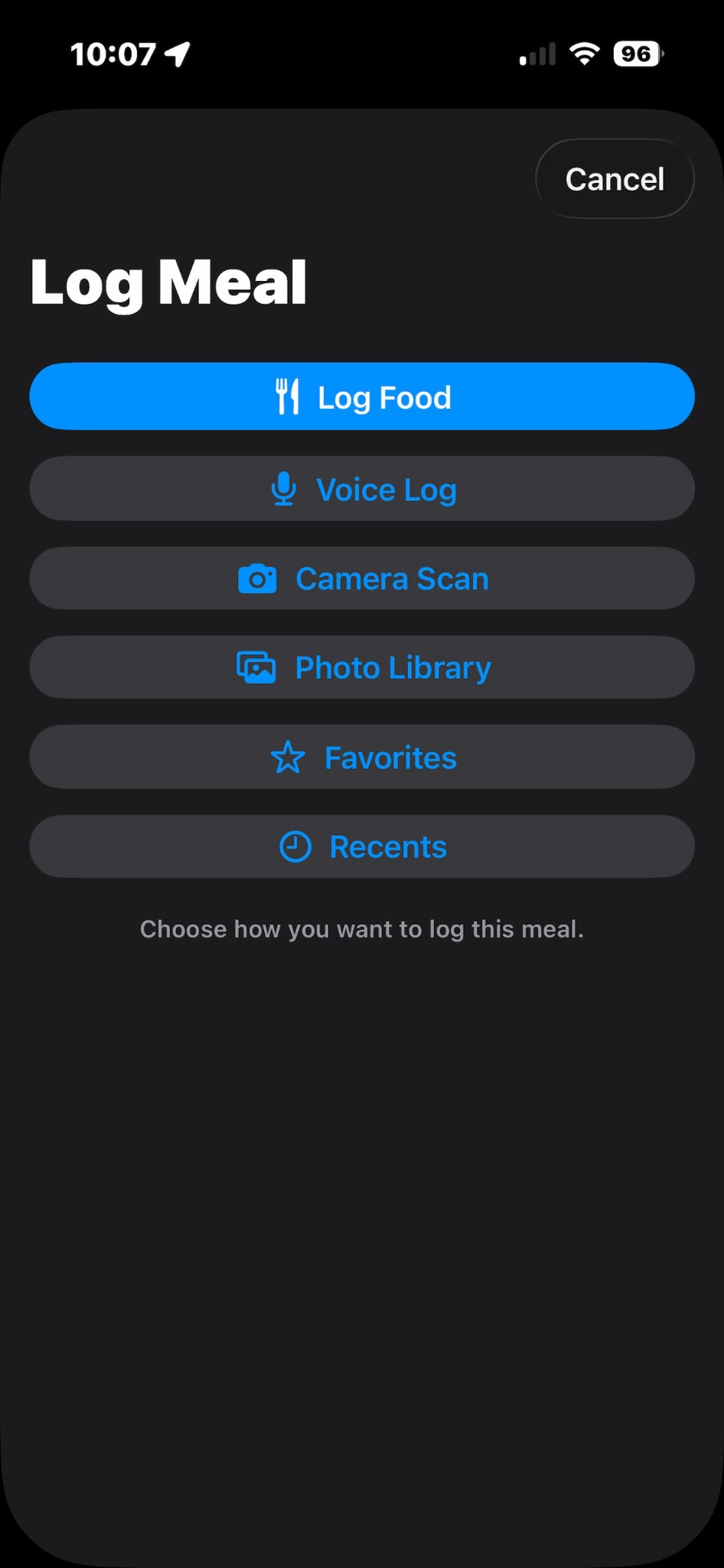 Meal logging options screenshot
